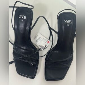 NWT ZARA Black Strappy Square-Toe Heeled Sandals
